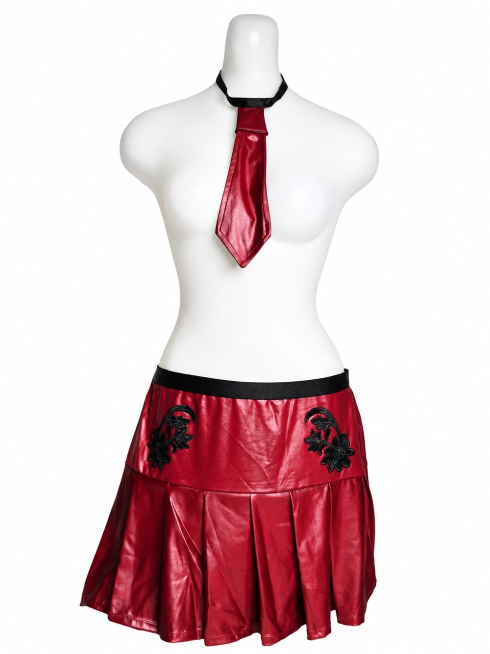 NWT Darque by Coquette Merlot/Black Wetlook Pleated Skirt & Bow Set XL